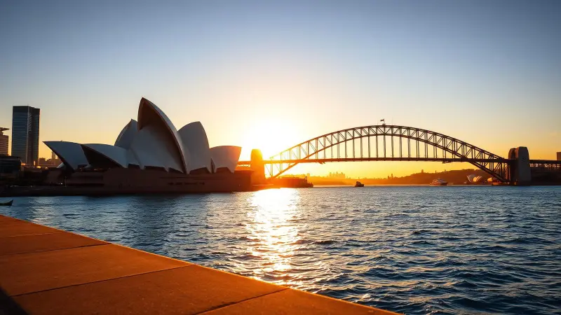 Sydney Opera House e Harbour Bridge ao pôr do sol, representando a Austrália