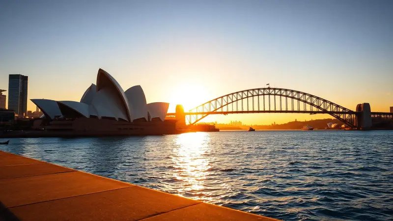 La Ópera de Sídney y el Harbour Bridge al atardecer, representando a Australia